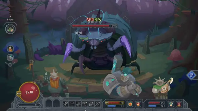 Lootbound Guardian fight: Paladin hammer swing while the assembled boss crits for zero