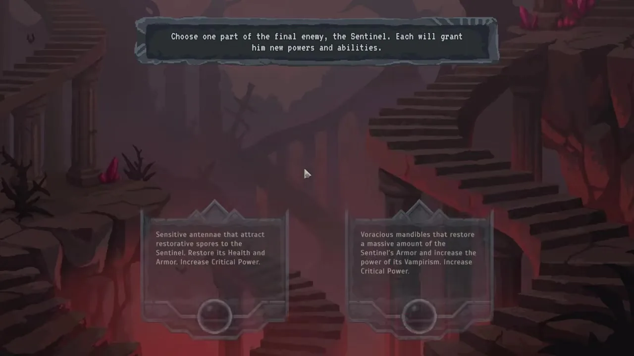 Lootbound biome-end Boss Part choice: two Guardian part cards side by side