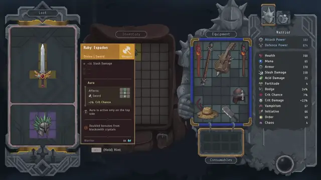 Lootbound inventory: sliding a Crush piece onto the Warrior companion grid