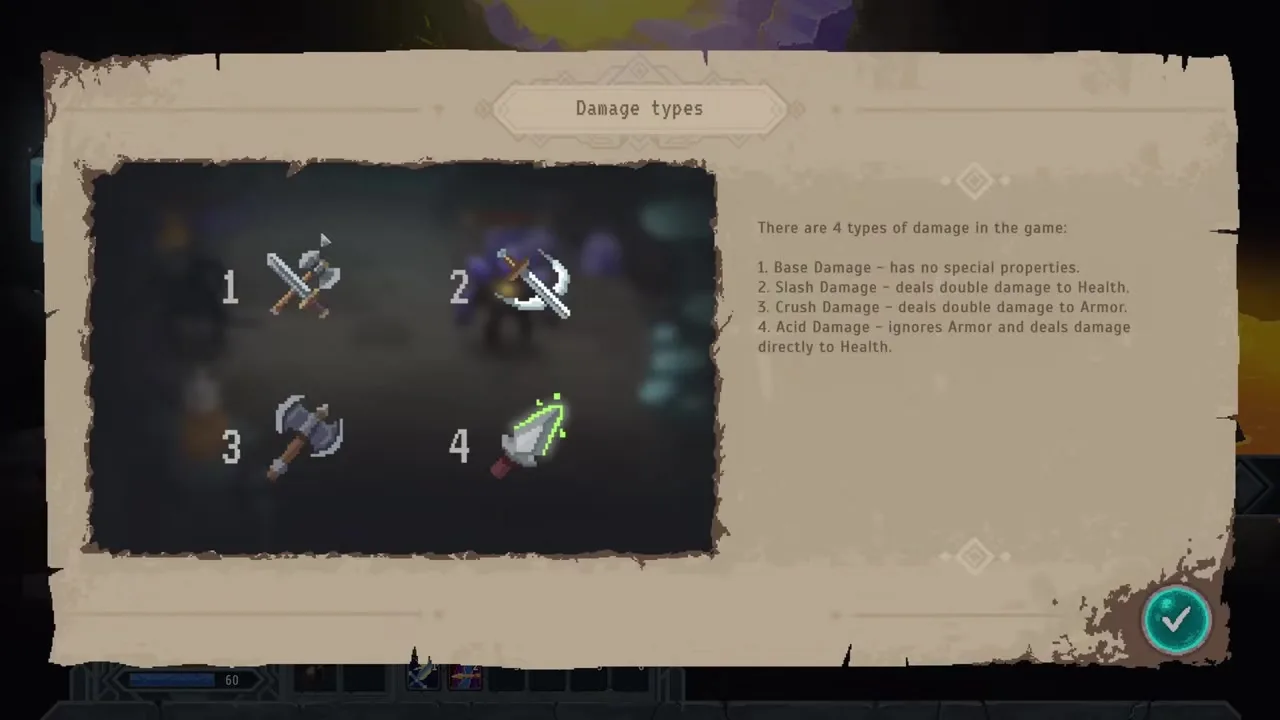 Lootbound damage types tutorial card listing Base, Slash, Crush, and Acid