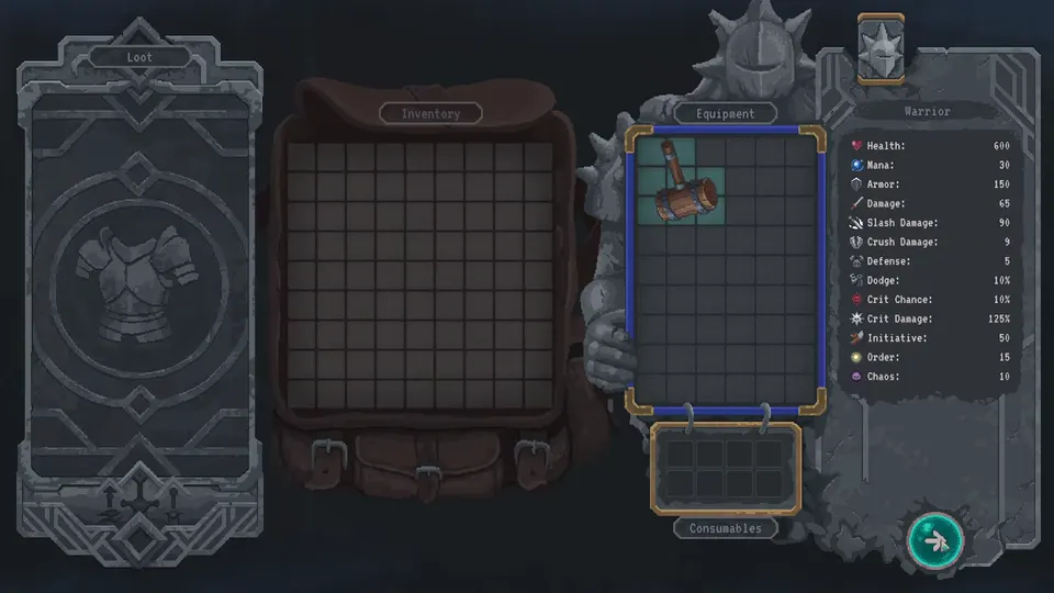 Lootbound inventory square grid with the first equipped shapes seated