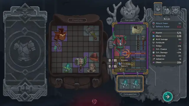 Lootbound inventory: lifting a packed shape while the stat pane updates